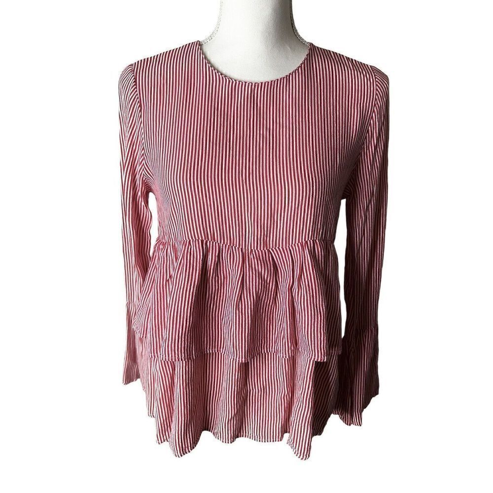 NEW ZARA Y2K TRAFALUC COLLECTION BOHEMIAN Red Wht Striped Ruffle Tier Blouse XS